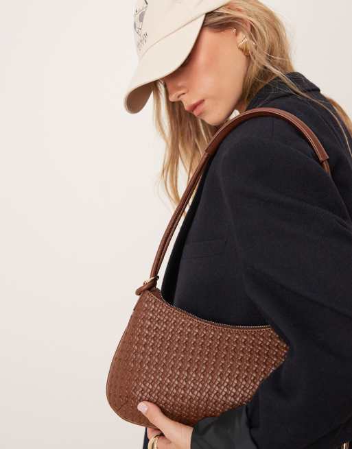 ASOS DESIGN woven shoulder bag with knot detail skinny strap in brown, 2 of 4