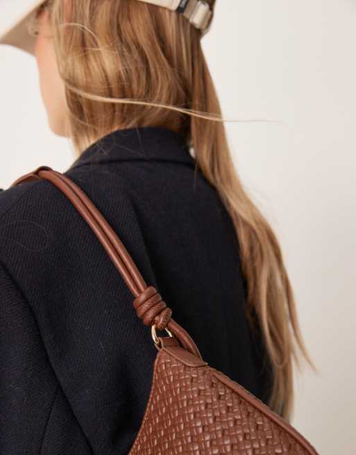 ASOS DESIGN woven shoulder bag with knot detail skinny strap in brown, 3 of 4