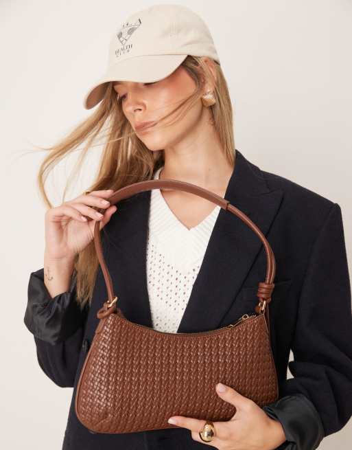 ASOS DESIGN woven shoulder bag with knot detail skinny strap in brown, 4 of 4