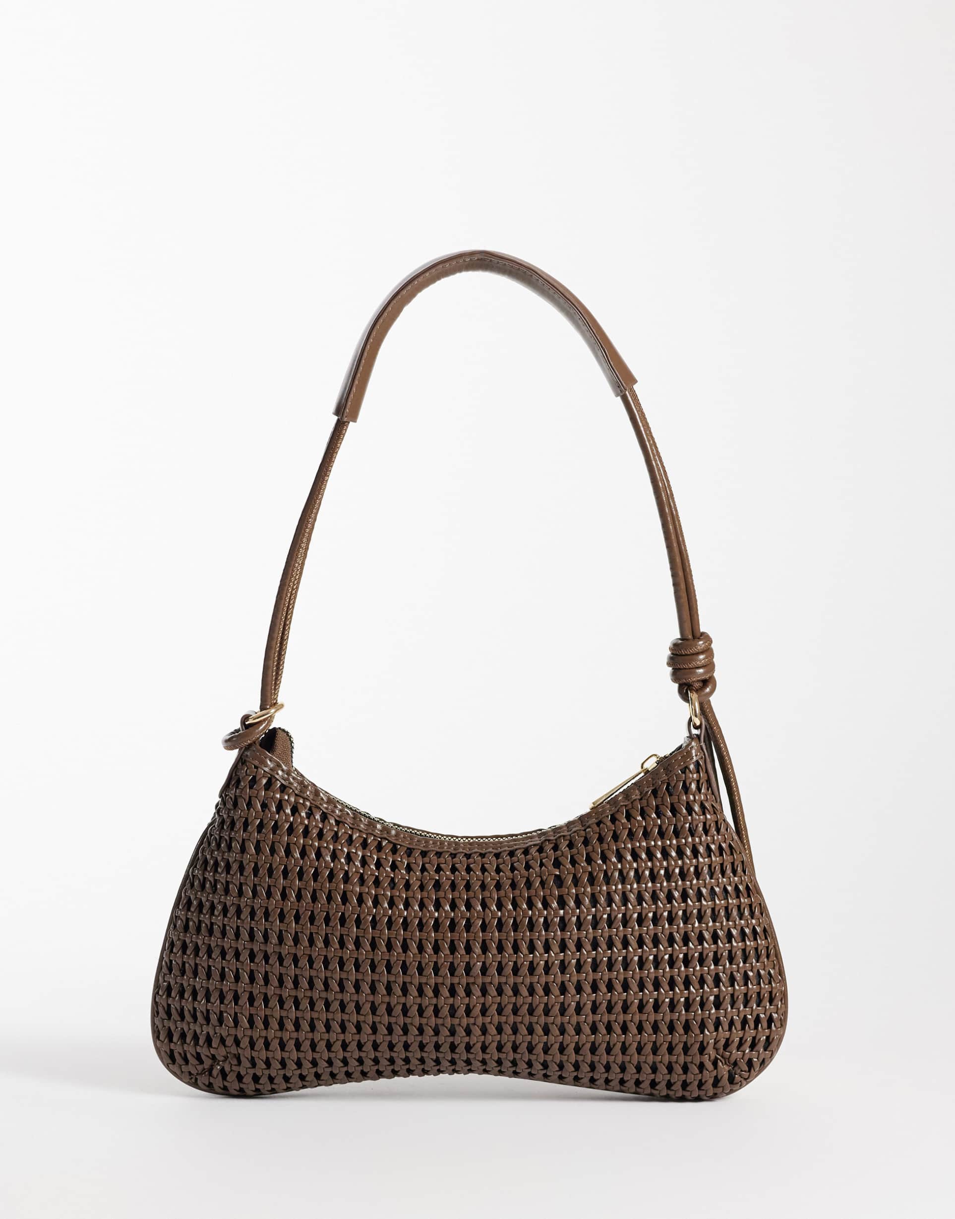 asos design woven shoulder bag with knot detailing on skinny strap in chocolate