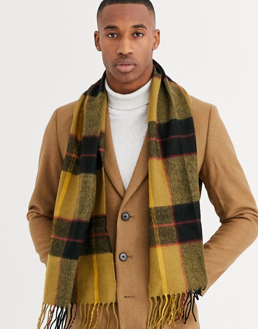 ASOS DESIGN woven standard scarf in mustard check with tassels