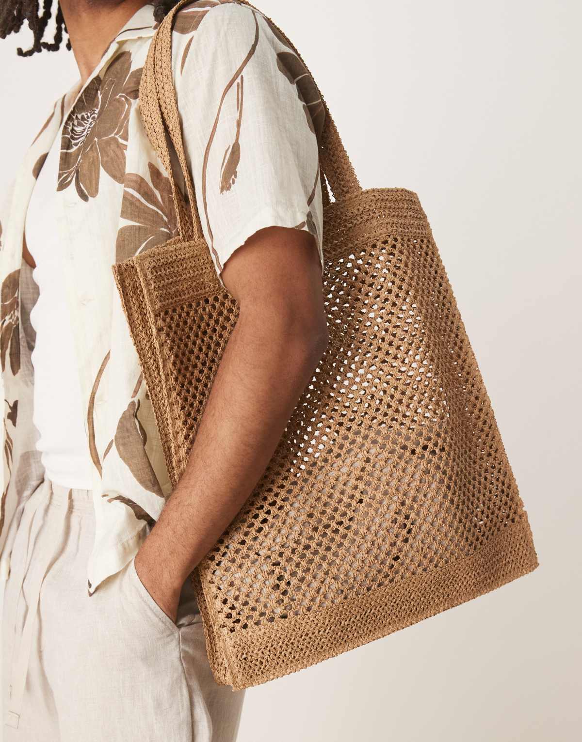 ASOS DESIGN woven straw tote bag in camel