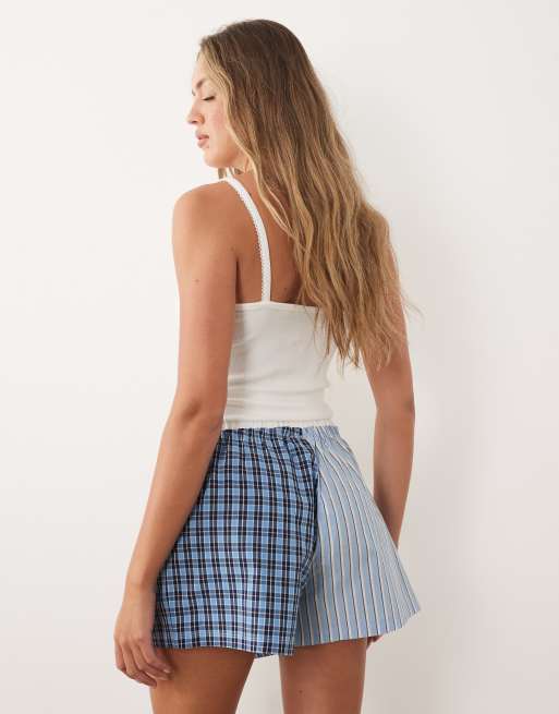 ASOS DESIGN woven stripe & check boxers in blue spliced, 2 of 4