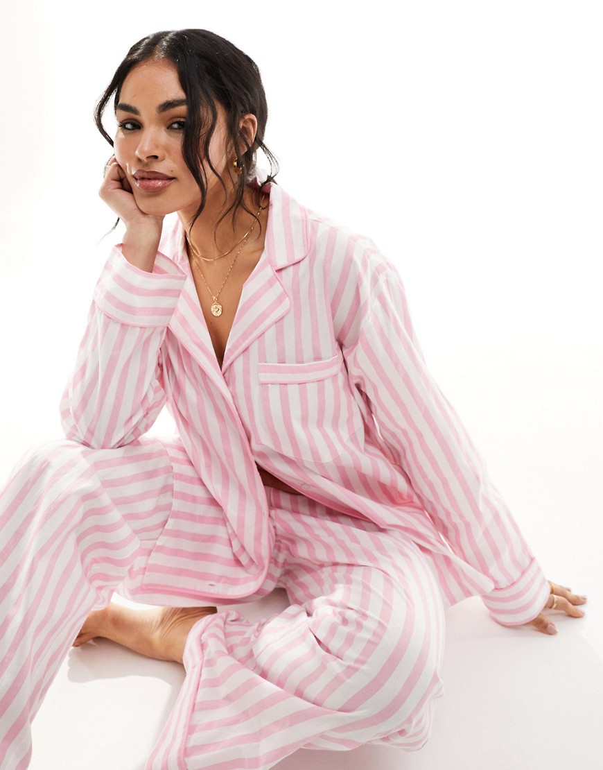 ASOS DESIGN woven stripe long sleeve shirt & trouser pyjama set in pink