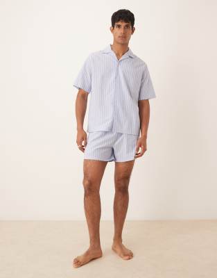 ASOS DESIGN ASOS DESIGN woven stripe pyjama set in blue stripe-Green