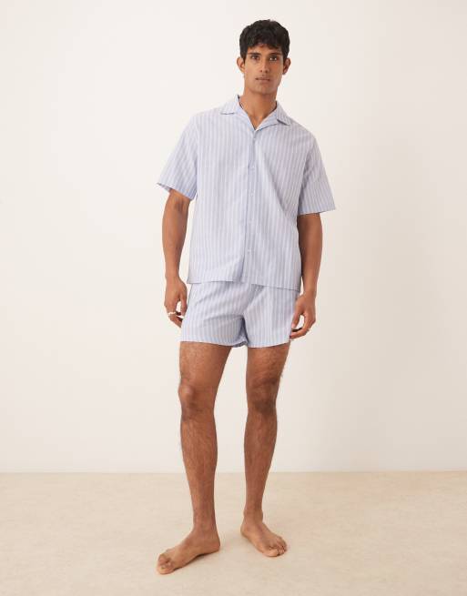 ASOS DESIGN woven stripe pyjama set in blue stripe