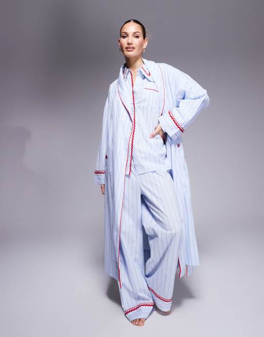 ASOS DESIGN woven stripe robe with rick rack trim in blue