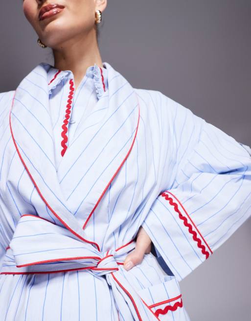 ASOS DESIGN woven stripe robe with rick-rack trim in blue, 2 of 4