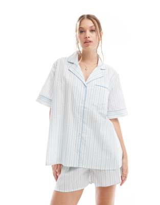 ASOS DESIGN woven stripe short sleeve shirt & short pyjama set in blue