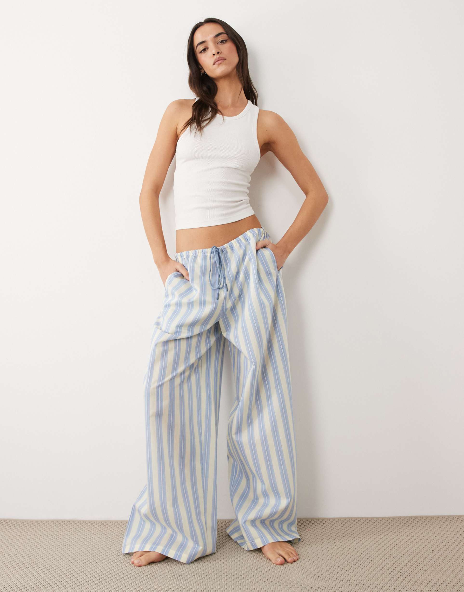 asos design woven stripe sleepwear pants in blue & lemon
