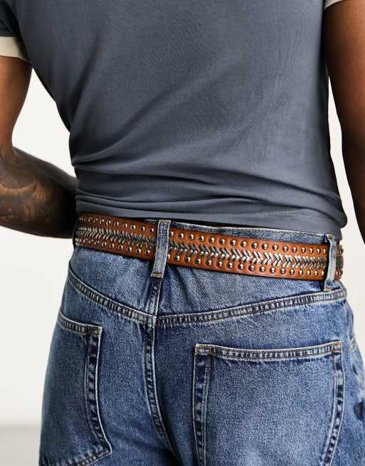 ASOS DESIGN woven stud western belt in brown