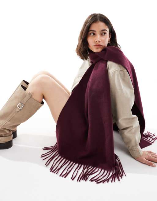 ASOS DESIGN woven supersoft scarf with tassels in burgundy