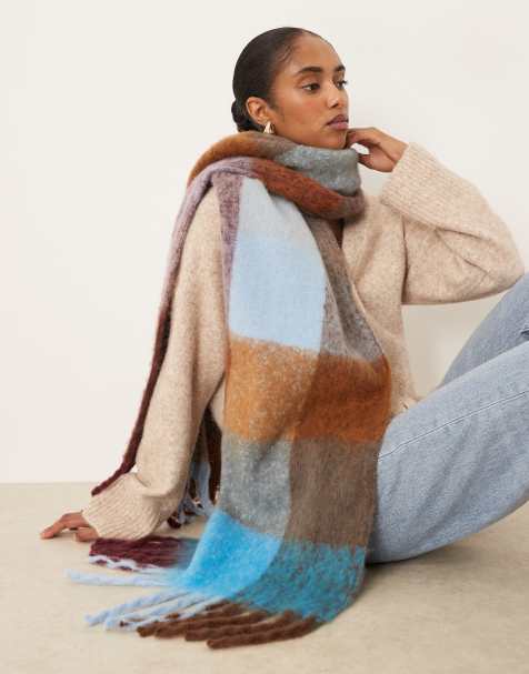 ASOS DESIGN woven tassel scarf blue and brown grid plaid design - view 1