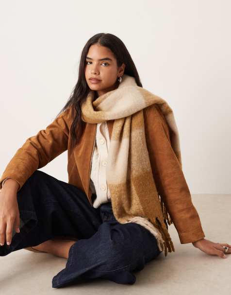 ASOS DESIGN woven tassel scarf in large check in neutral - view 1