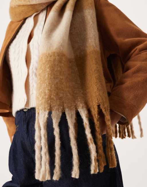 ASOS DESIGN woven tassel scarf in large check in neutral