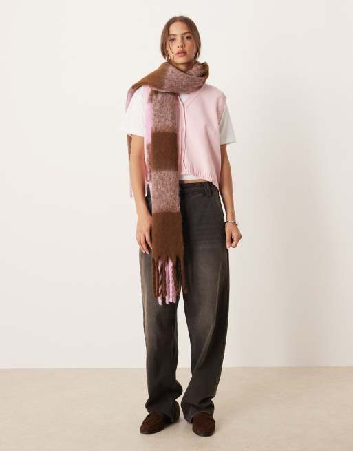 ASOS DESIGN woven tassel scarf in large check in pink and brown, 3 of 3