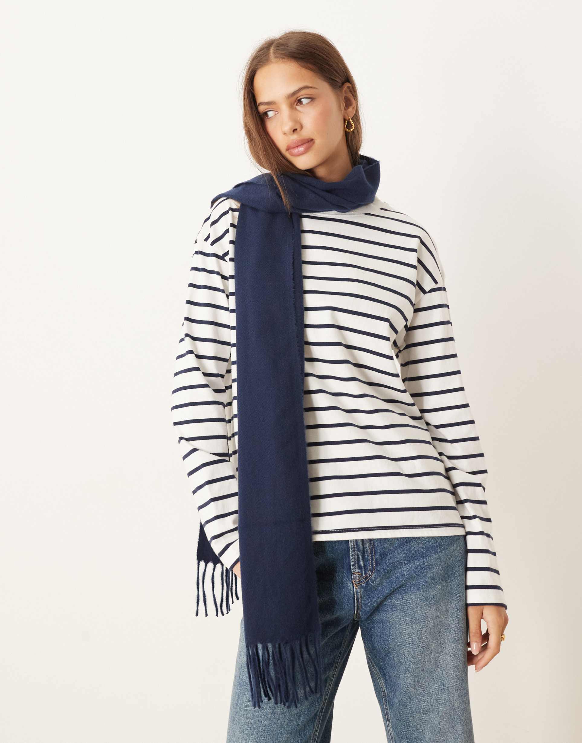 asos design woven tassel scarf in navy