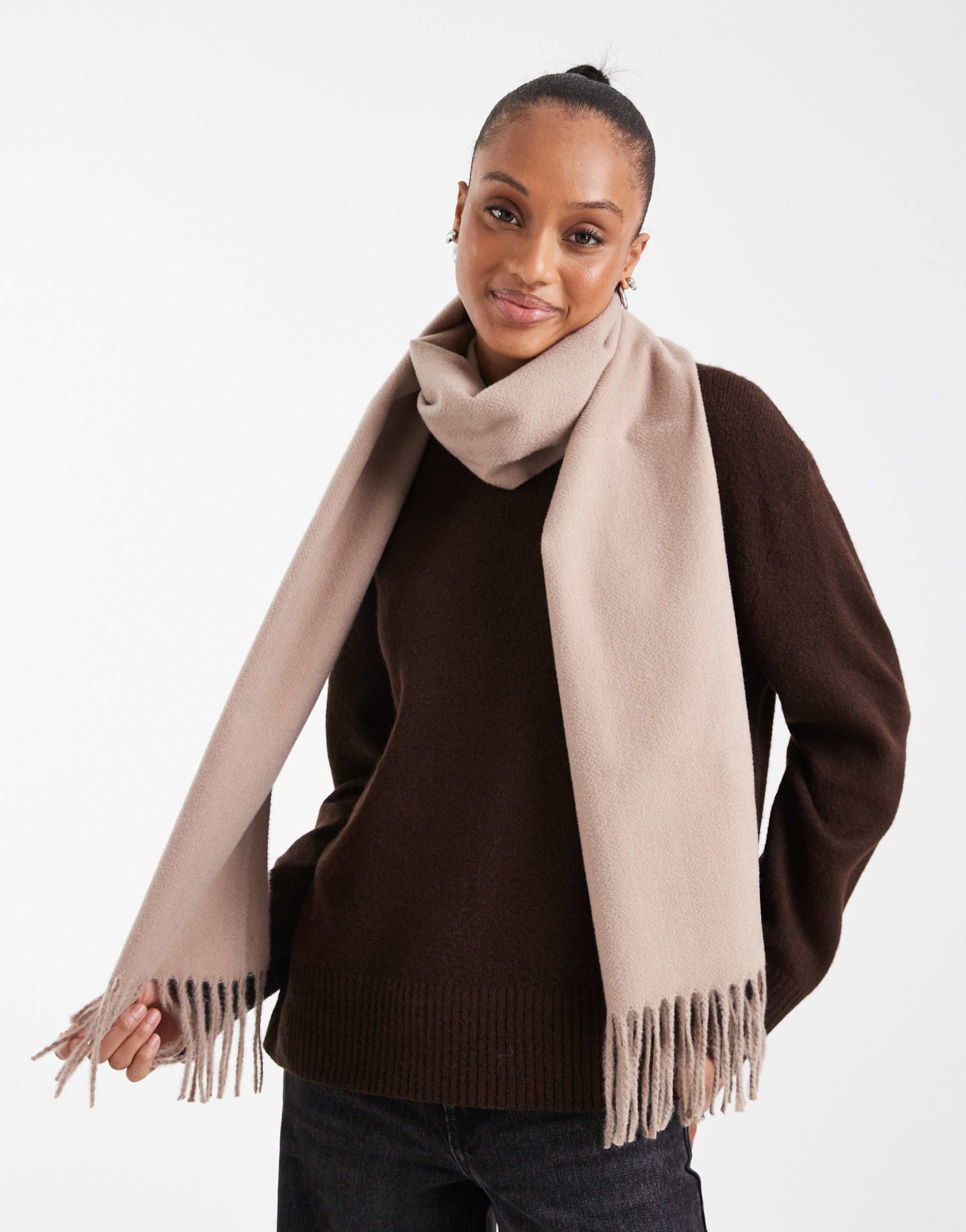 asos design woven tassel scarf in warm neutral