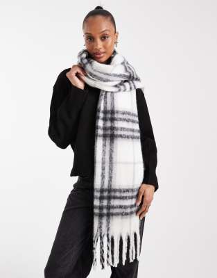 Asos Design Woven Tassel Scarf With Black And White Plaid Design-multi