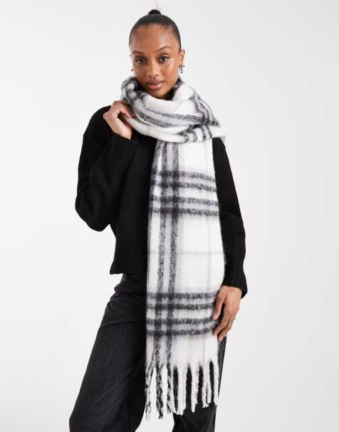 ASOS DESIGN woven tassel scarf with black and white plaid design - view 1