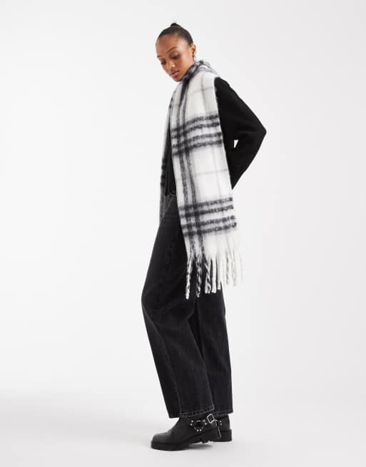 ASOS DESIGN woven tassel scarf with black and white plaid design, 2 of 3