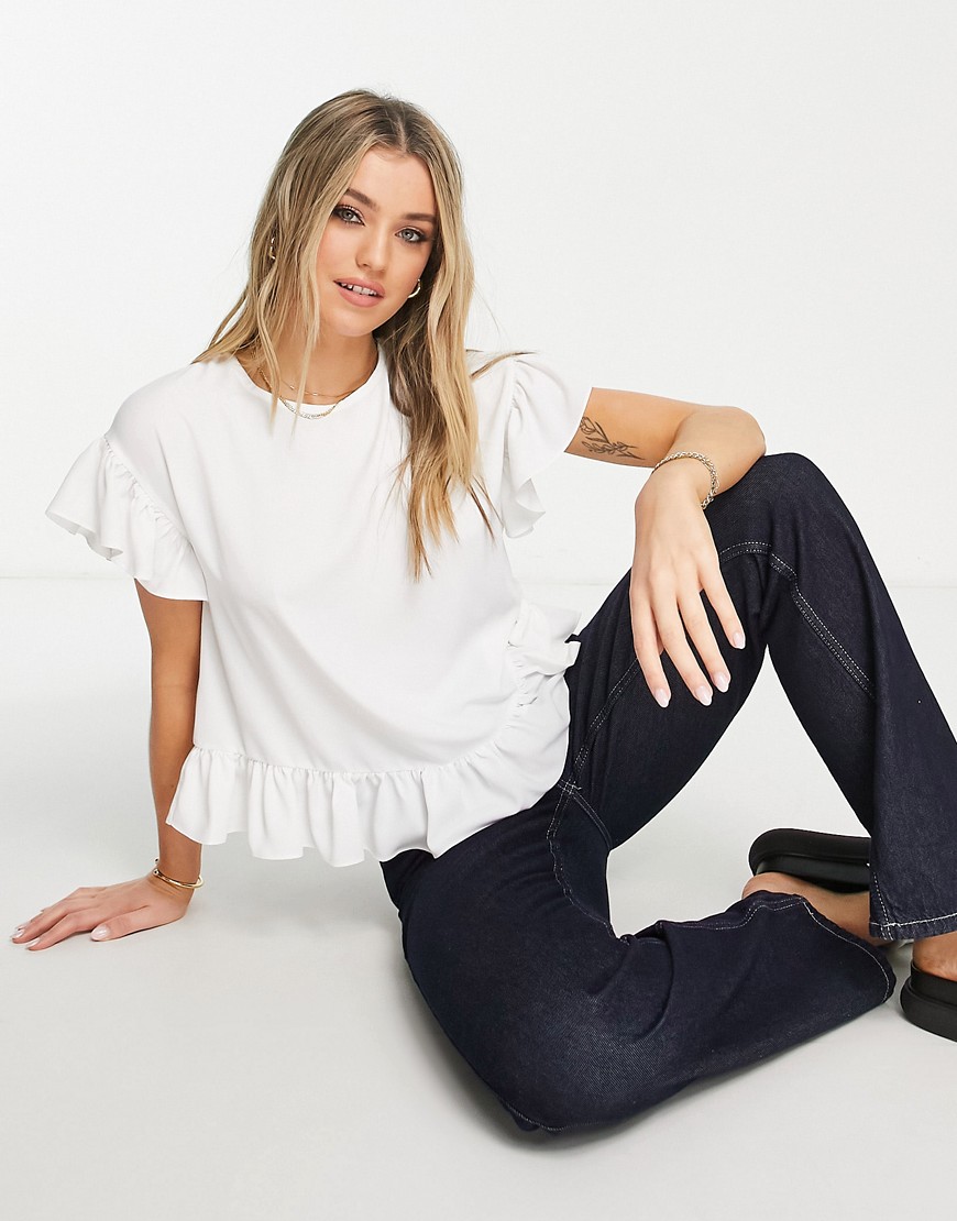 ASOS DESIGN woven tee with ruffle sleeve & hem in ivory-White