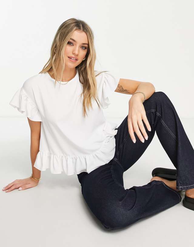 ASOS DESIGN woven tee with ruffle sleeve & hem in ivory