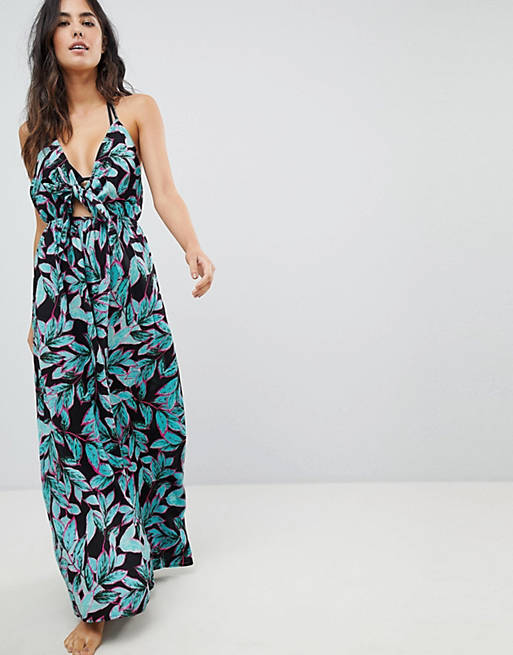 ASOS DESIGN Woven Tie Front Maxi Beach Dress in Tropical Pop Print