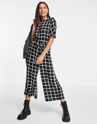 ASOS DESIGN ASOS DESIGN WOVEN TIE WAIST JUMPSUIT IN MONO GRID CHECK PRINT-MULTI AN10230