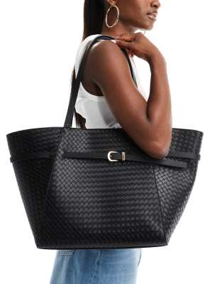 woven tote bag with belt buckle detail in black