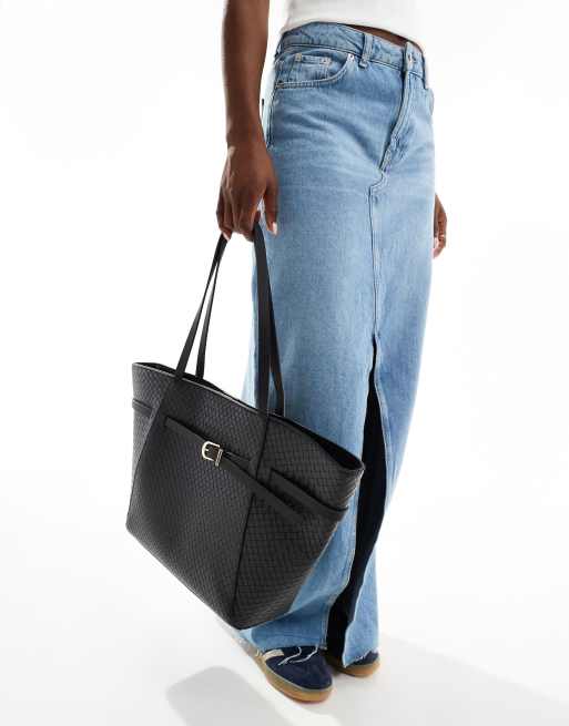 ASOS DESIGN woven tote bag with belt buckle detail in black, 4 of 4