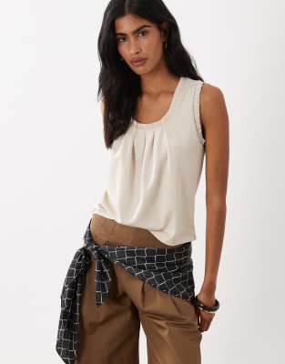 ASOS DESIGN woven trim pleat detail scoop tank top in ecru | ASOS
