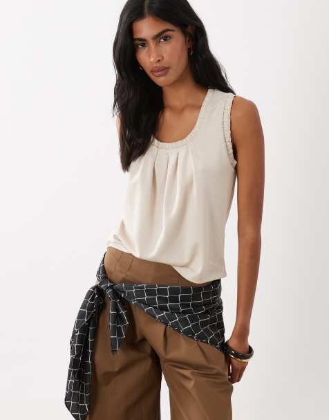 ASOS DESIGN woven trim pleat detail scoop tank top in ecru - view 1