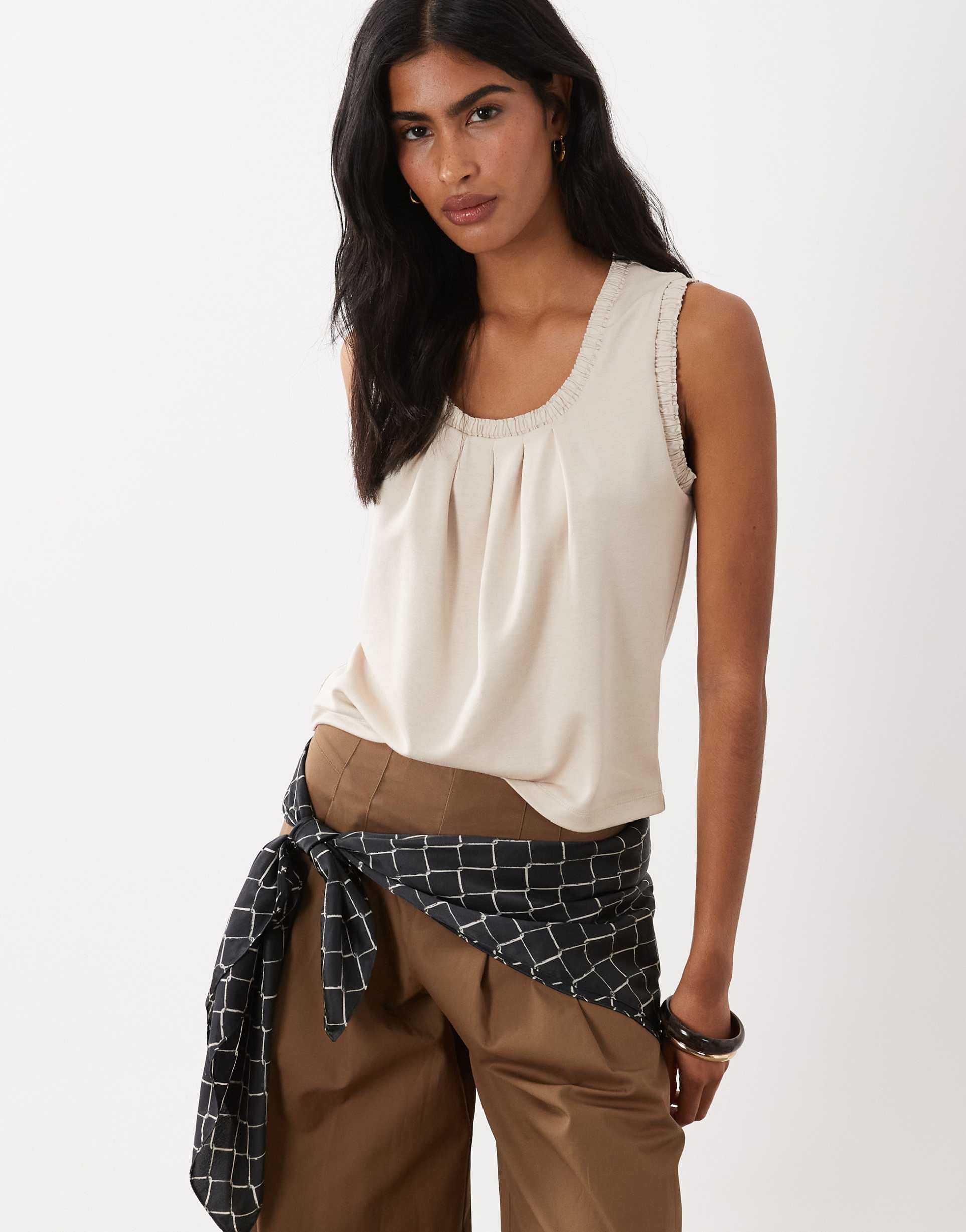 asos design woven trim pleat detail scoop tank top in ecru