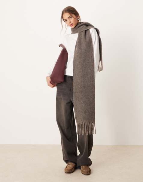ASOS DESIGN woven wool mix scarf tassel design in brown mole - view 1