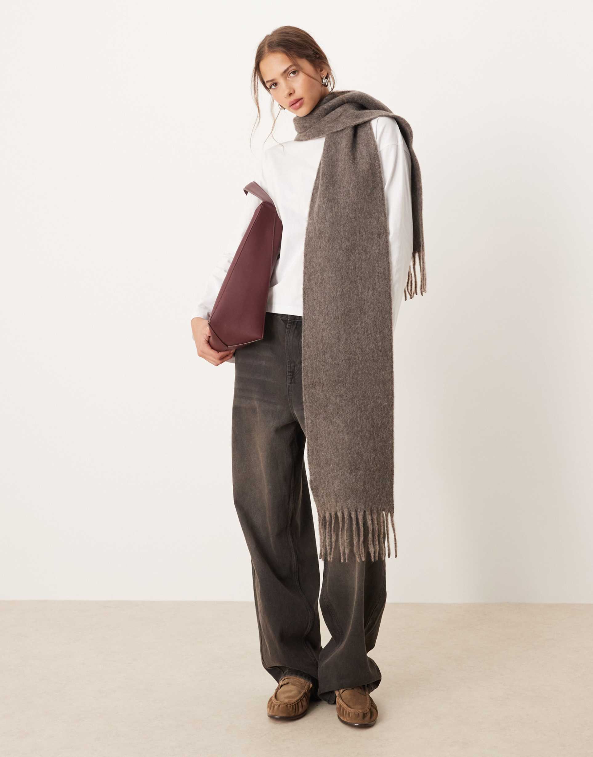 asos design woven wool mix scarf with tassel design in brown mole