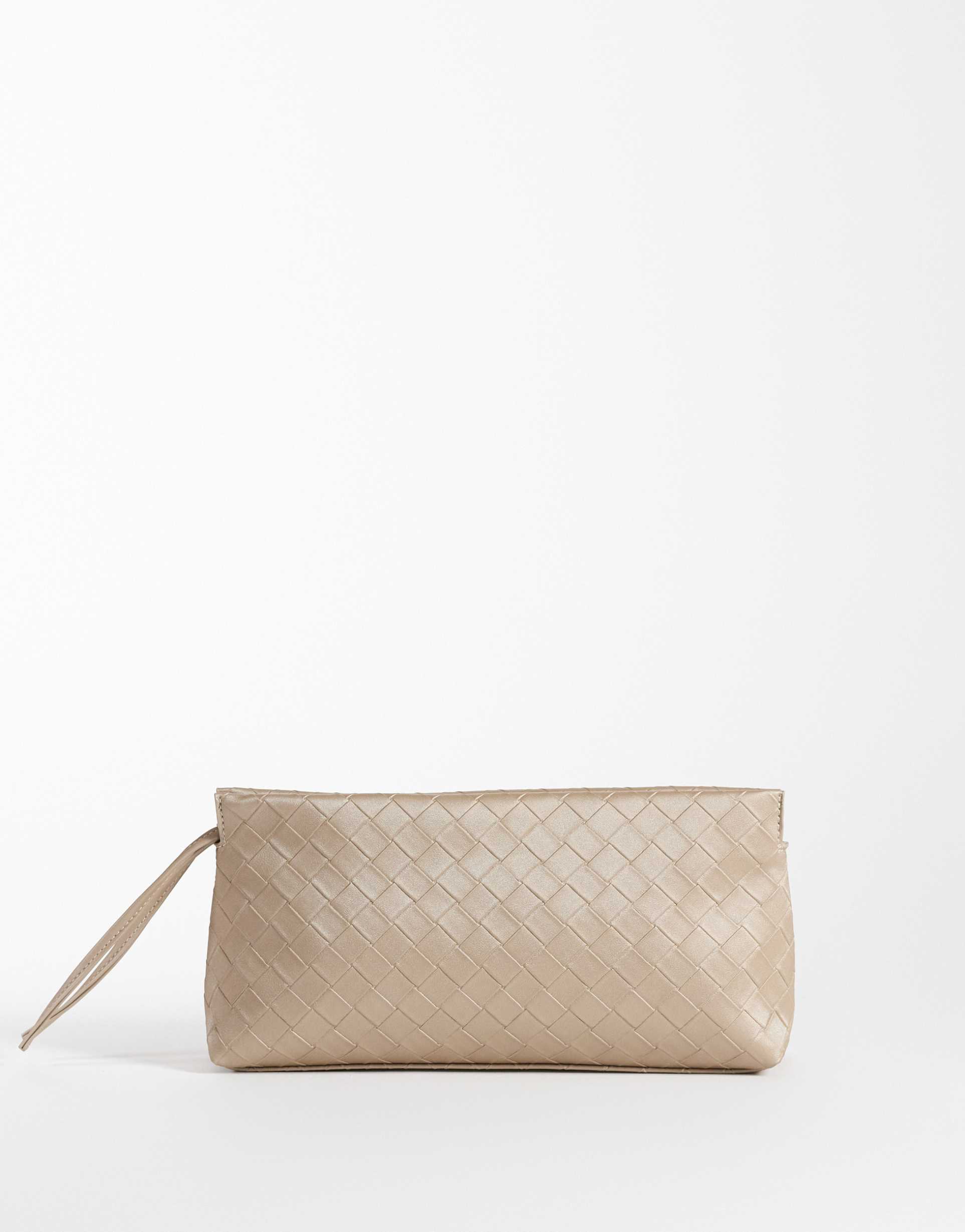 asos design woven zip top clutch purse in light metallic gold