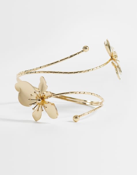 ASOS DESIGN wrap-around arm cuff with floral detail in gold tone - view 1