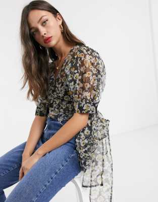 Asos Design Wrap Around Floral Organza Top With Volume Sleeves-multi