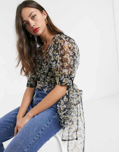 ASOS DESIGN wrap around floral organza top with volume sleeves