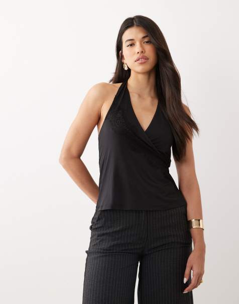 ASOS DESIGN wrap around halter top with lace trim - view 1