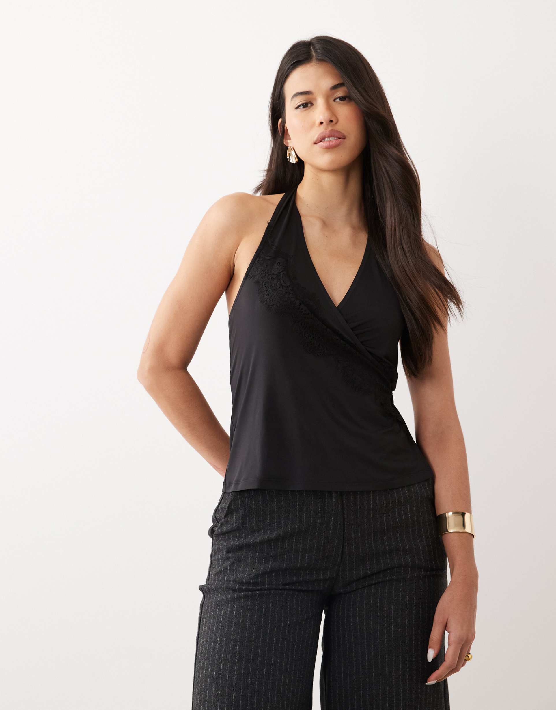 asos design wrap around halter top with lace trim