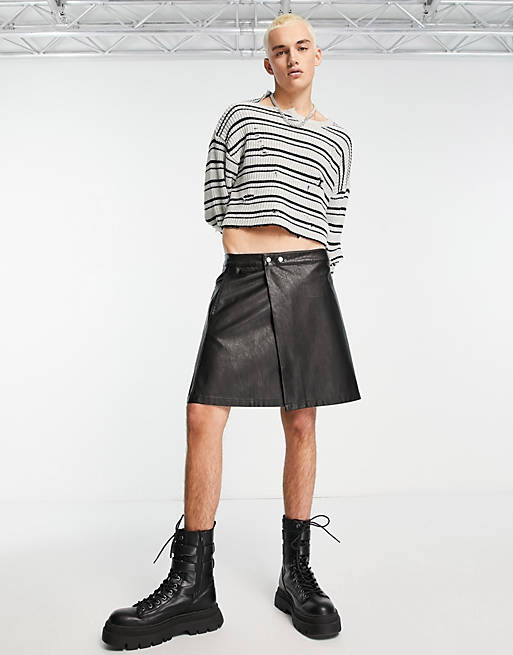 ASOS DESIGN wrap around leather look skirt with popper fasting in black
