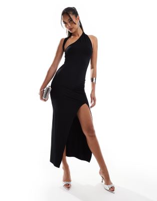 asos design wrap around neckline maxi dress with ruched skirt in black