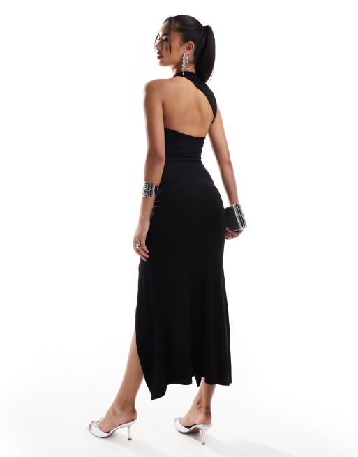 ASOS DESIGN wrap around neckline maxi dress with ruched skirt in black