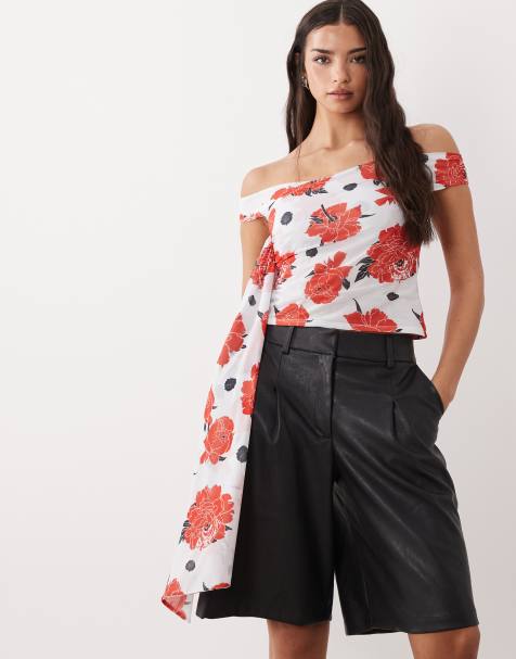 ASOS DESIGN wrap around off shoulder top in floral print