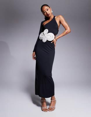 wrap around one shoulder midi dress with oversized contrast floral embellishment in black