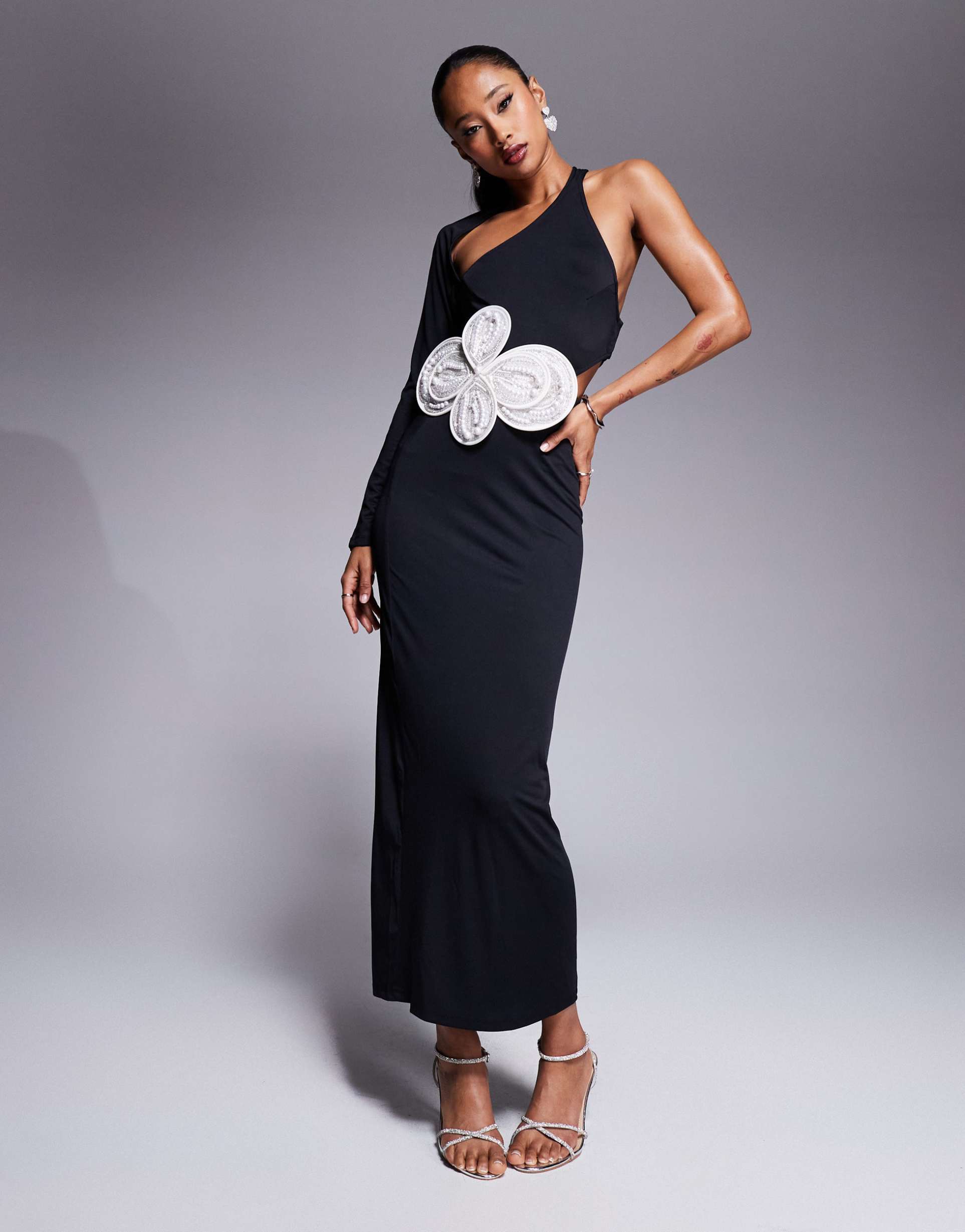 asos design wrap around one shoulder midi dress with oversized contrast floral embellishment in black