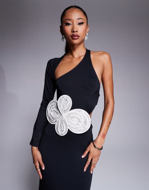 ASOS DESIGN wrap around one shoulder midi dress with oversized contrast  floral embellishment in black - Main Image