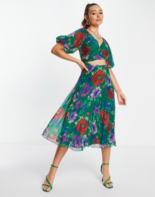 ASOS DESIGN wrap around pleated midi dress in green floral print | ASOS